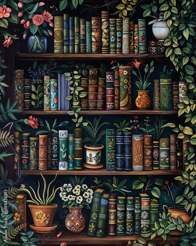 A bookshelf filled with intricately illustrated books, set against a backdrop of lush greenery, inviting quiet reflection and contemplation.