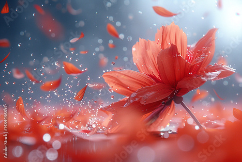 red flower and water drops