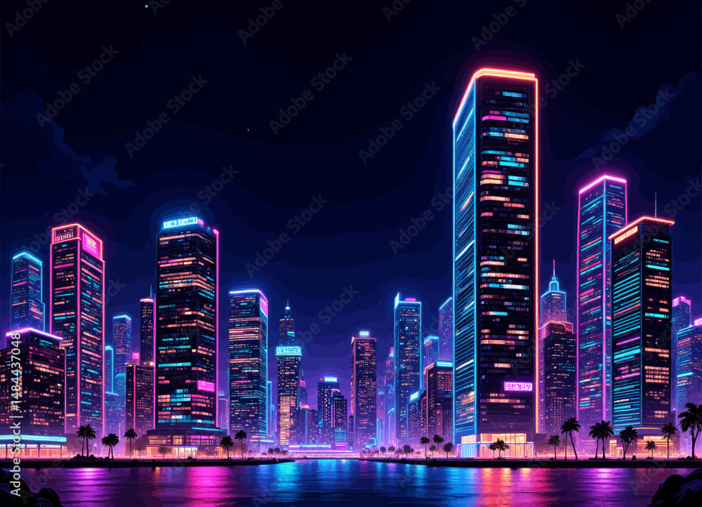 Fototapeta premium Vibrant Neon Cityscape at Night with Skyscrapers and Palm Trees