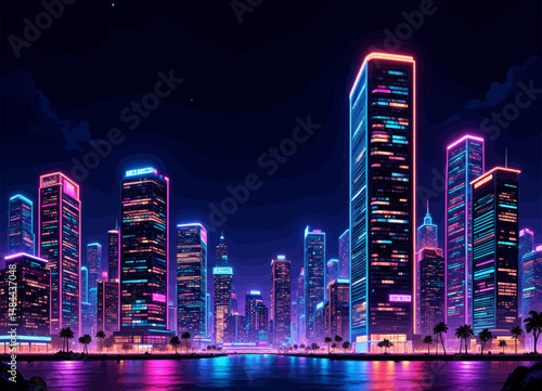 Vibrant Neon Cityscape at Night with Skyscrapers and Palm Trees