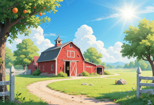 Vibrant Farm Serenity: Red Barn Pathway, Green Meadows, Sunny Skies, Orchard Trees
