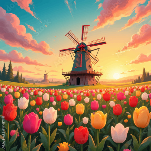 Vibrant Tulip Fields at Sunset with Windmills