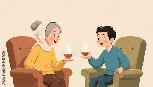 Warm Conversation in Cozy Armchairs with Tea Cups