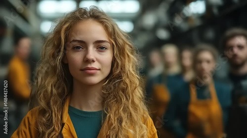 Wallpaper Mural Woman in a factory setting with colleagues in the background Torontodigital.ca