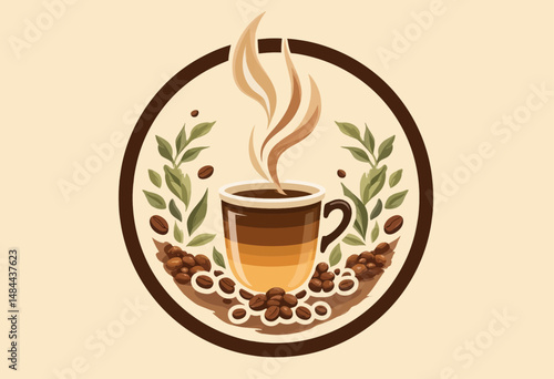 Warm Coffee Cup with Steam and Beans in Autumnal Circle