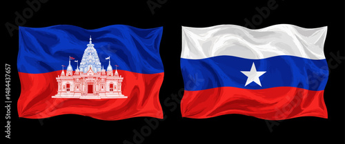 Waving Flags Unity: Myanmar Temple Red Blue and Chilean Star White Blue Red