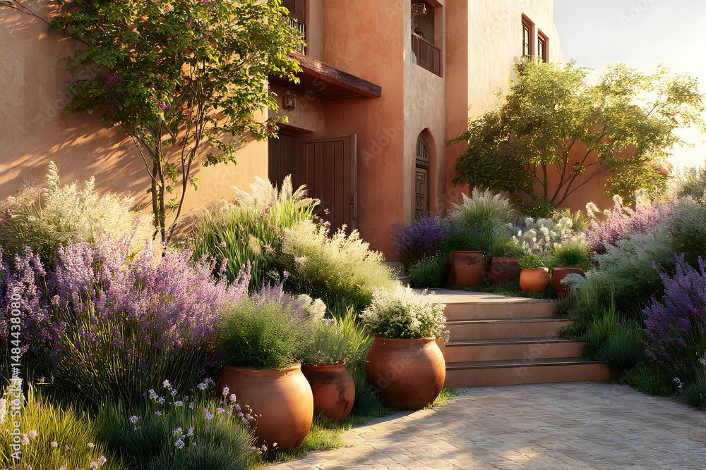 Fototapeta premium Terracotta exterior facade with landscaped garden.