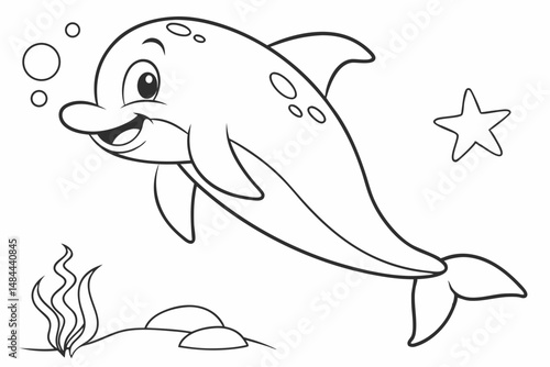 Cute dolphin with background coloring page for kids. Funny animal outline illustration