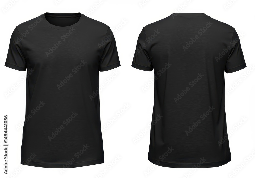 Naklejka premium A black t-shirt is displayed from the front and back on a white background