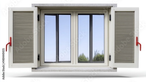 Window with shutters and red handles isolated on white background. Generative AI