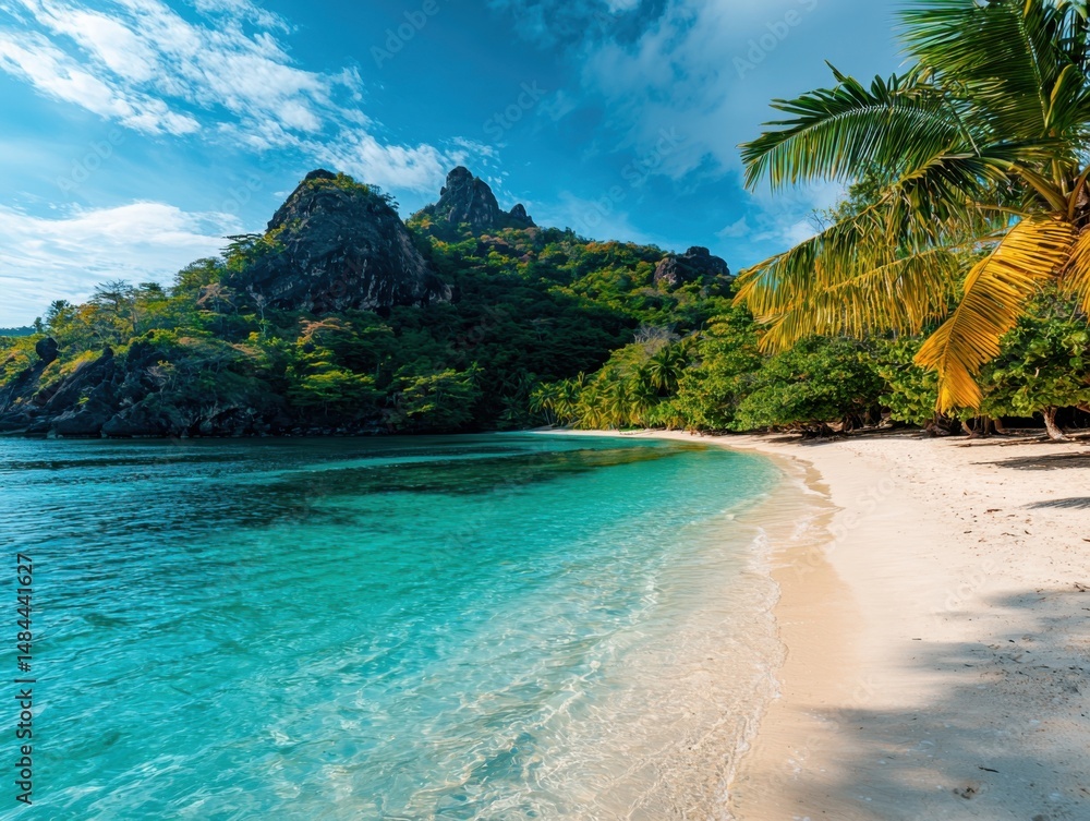 Obraz premium Cinematic turquoise water kisses the sandy beach of leeyongjay tropical island under a blue sky with rocky mountain and palm tree swaying gently in the breeze.