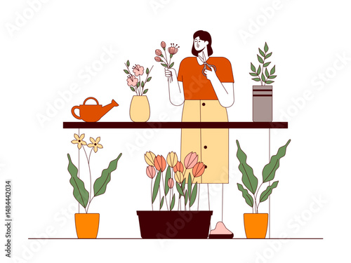 Florist cutting off unnecessary flower stems and buds. Florist illustration. Flat outline vector illustration concept.