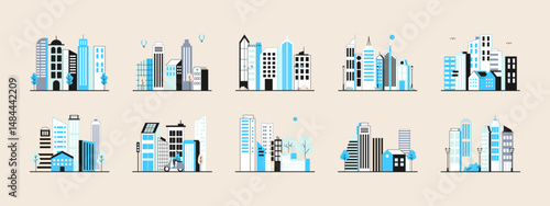 City illustration set. Flat outline vector illustration concept.