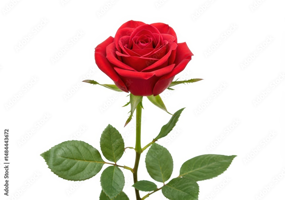 A single red rose with green leaves stands against a plain white background in isolation A single red rose with green leaves stands against a plain white background in isolation