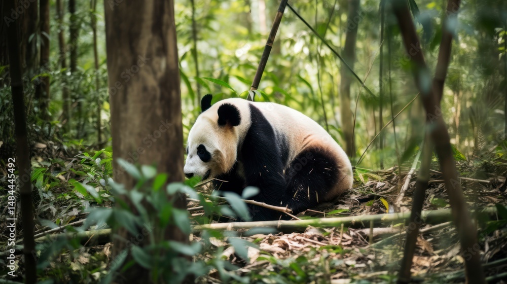 Fototapeta premium Peaceful giant panda rests in dense forest.