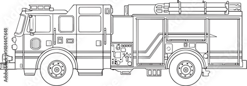 FIRE TRUCK, FIRE TENDER SIDE VIEW LINE ART