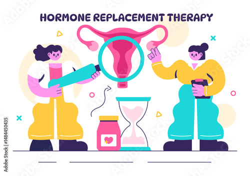 Vector Illustration of HRT or Hormone Replacement Therapy Acronym Featuring Hormone Medication and Medical Treatment in a Healthcare Background