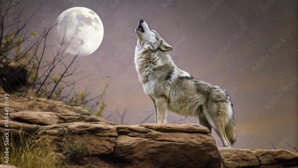 Fototapeta premium Lone Wolf Howling at the Moon Majestic Night Scene