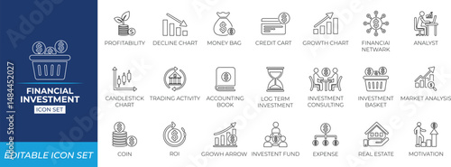 Financial investment line icon set. Solid line icon collection design.