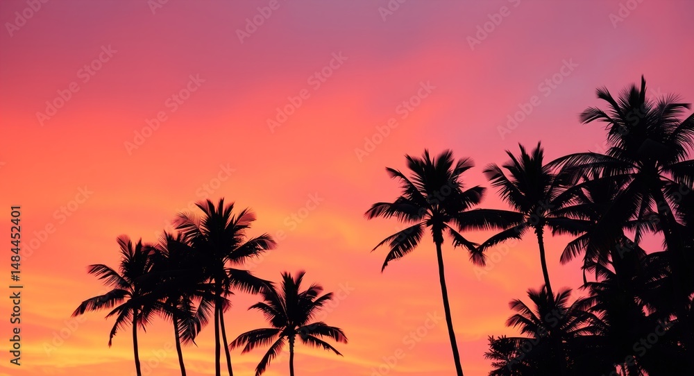 Silhouetted palm trees against a vivid sunset sky with orange, pink, and purple hues. Silhouetted palm trees against a vivid sunset sky with orange, pink, and purple hues.