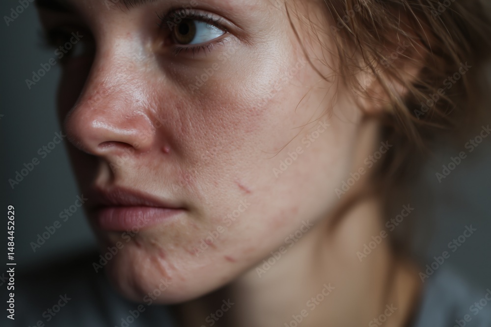 Obraz premium Contemplative portrait of woman with facial scars, highlighting natural beauty and resilience