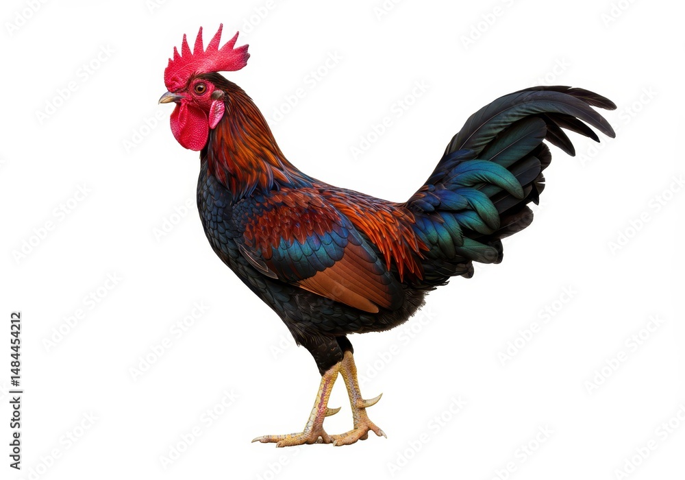 Fototapeta premium A colorful rooster stands isolated against a white background showing its vibrant plumage