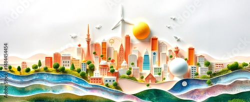 Sustainability ESG, green energy, sustainable industry with windmills and solar energy panels. Environmental, Social, and Corporate Governance concept.
