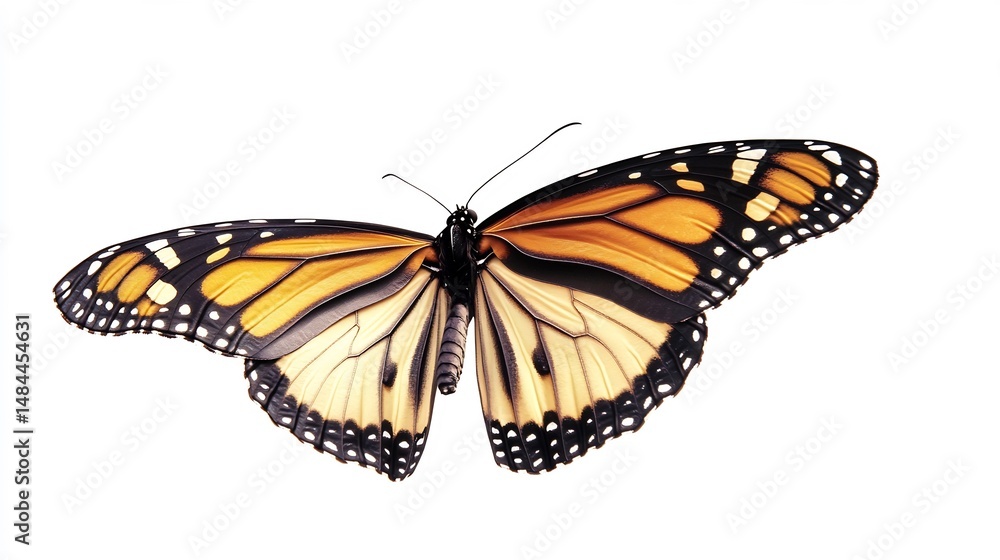 Fototapeta premium Flying monarch butterfly isolated mid air motion captured with detailed wings realistic light reflection and high resolution clarity overlay cut out on isolated transparent removed background