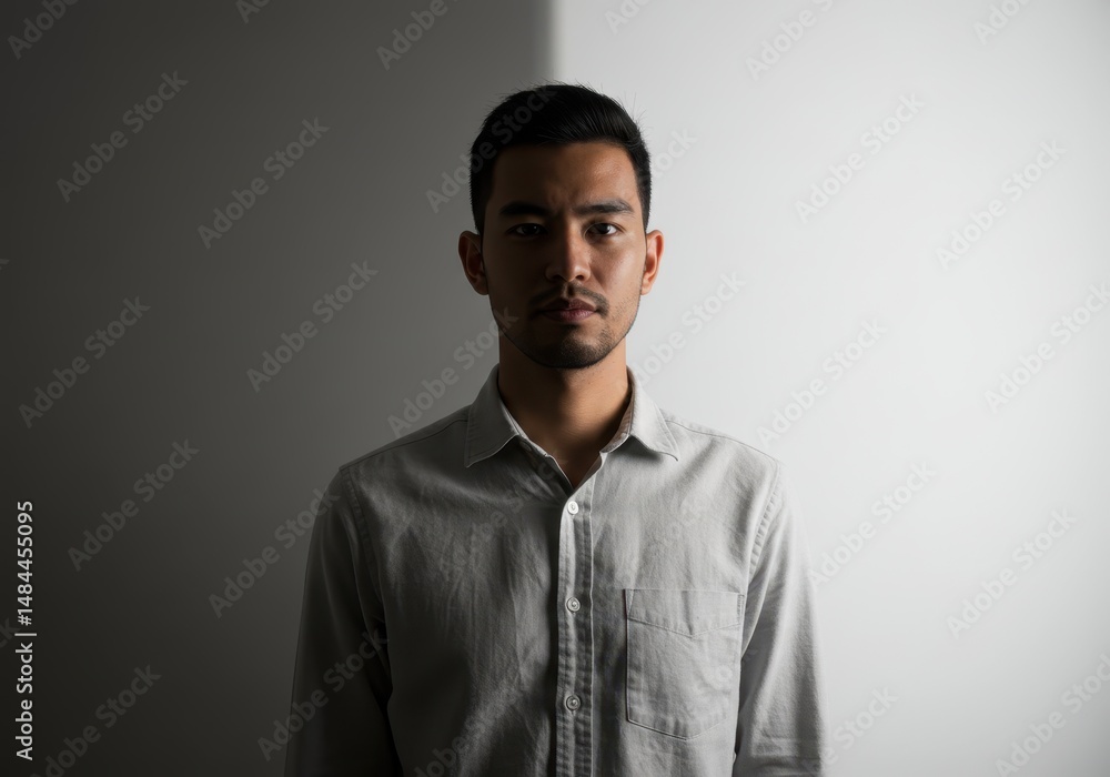 Young man with serious expression stands in front of a wall with dramatic lighting Young man with serious expression stands in front of a wall with dramatic lighting