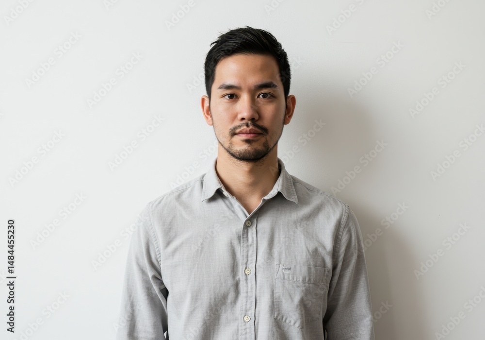 Portrait of a young asian man with short hair wearing a gray button down shirt against a white wall Portrait of a young asian man with short hair wearing a gray button down shirt against a white wall