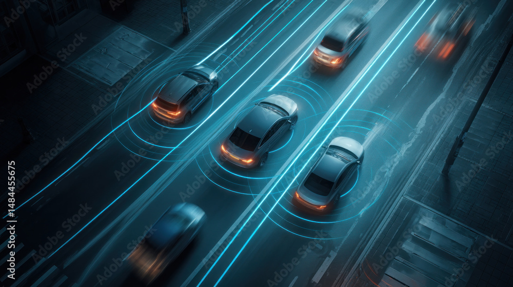 Obraz premium Top view futuristic traffic flow with glowing path projections and car sensors visualized, concept of intelligent driving and predictive safety tech