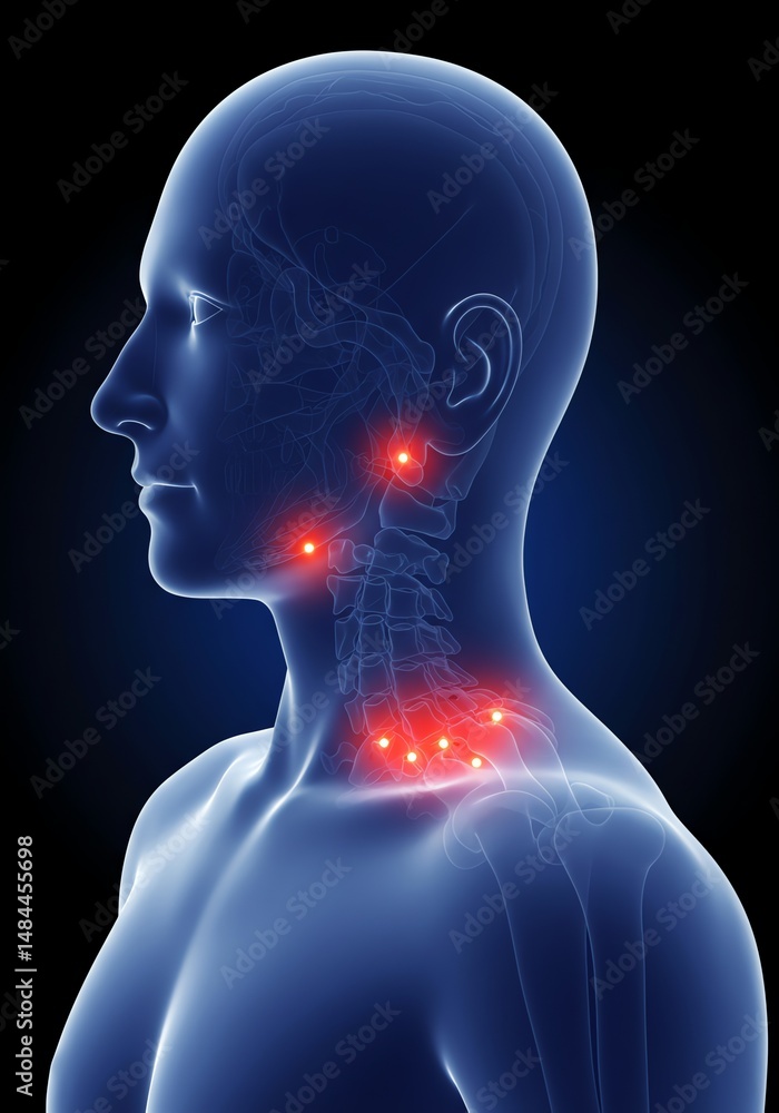 Anatomy Illustration: Neck and Shoulder Pain Points, Medical Blue X-Ray Style Anatomy Illustration: Neck and Shoulder Pain Points, Medical Blue X-Ray Style