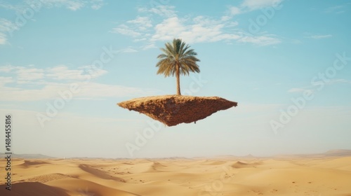 Desert Oasis: A Surreal Floating Island with a Palm Tree