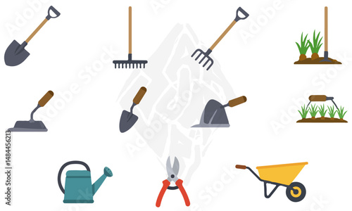 Flat Design Garden Tool and Plant Illustrations, A collection of flat design illustrations featuring various garden tools and potted plants, depicted in a simple and modern style, perfect for gardenin