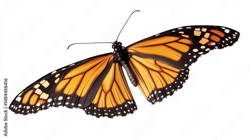 Fototapeta premium Flying monarch butterfly isolated mid air motion captured with detailed wings realistic light reflection and high resolution clarity overlay cut out on isolated transparent removed background
