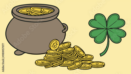 Pot of Gold with Clover and Coins - St. Patrick's Day Theme
