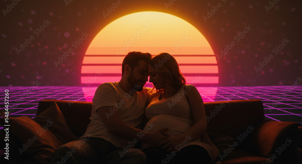 Naklejka premium 未来レトロな夕日 優しく寄り添う二人 幸せ満ちる妊娠
