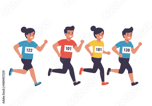 Four smiling runners in athletic gear compete in a race wearing numbered bibs