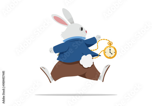White Rabbit in Blue Jacket Hurrying with Pocket Watch