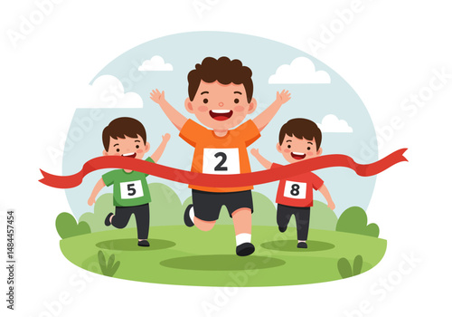 Three Cheerful Cartoon Boys Racing Crossing the Finish Line with Joy