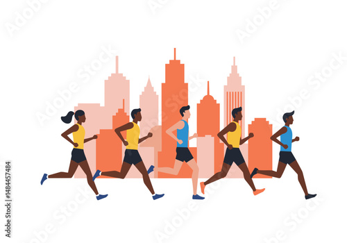 Urban Runners Silhouette Against Cityscape