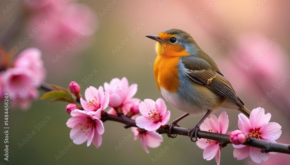 Vibrant spring robin perched on blooming branch, singing joyfully , flora, avian, spring Vibrant spring robin perched on blooming branch, singing joyfully , flora, avian, spring