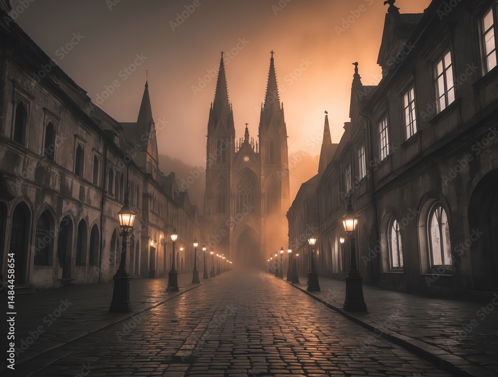 Fototapeta premium Misty European Town Street Leading to a Dramatic Gothic Cathedral