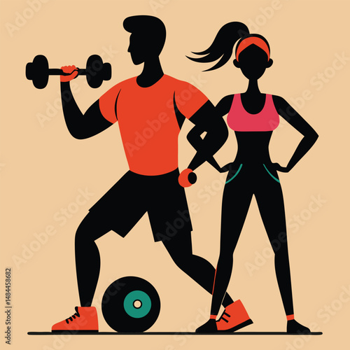 Fitness couple training with dumbbells and weights in retro modern silhouette style