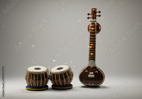 Traditional string instrument with tabla drums on a neutral background