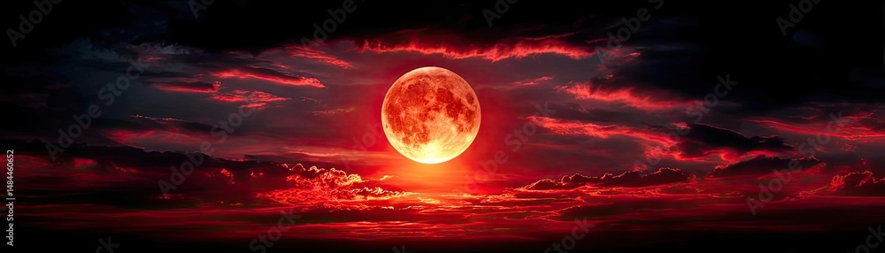 Fototapeta premium Red moon behind black clouds at night with abstract fire concept. A captivating view of a red moon illuminating the night sky.