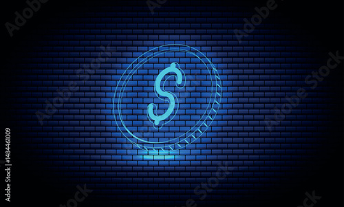 Neon cryptocurrency sign. Bright Coin icon.