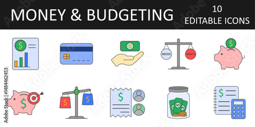 Money and budgeting icon set – includes piggy bank, budget chart, allowance, saving goals, needs vs wants, expense tracking, and basic money skills for students and families.