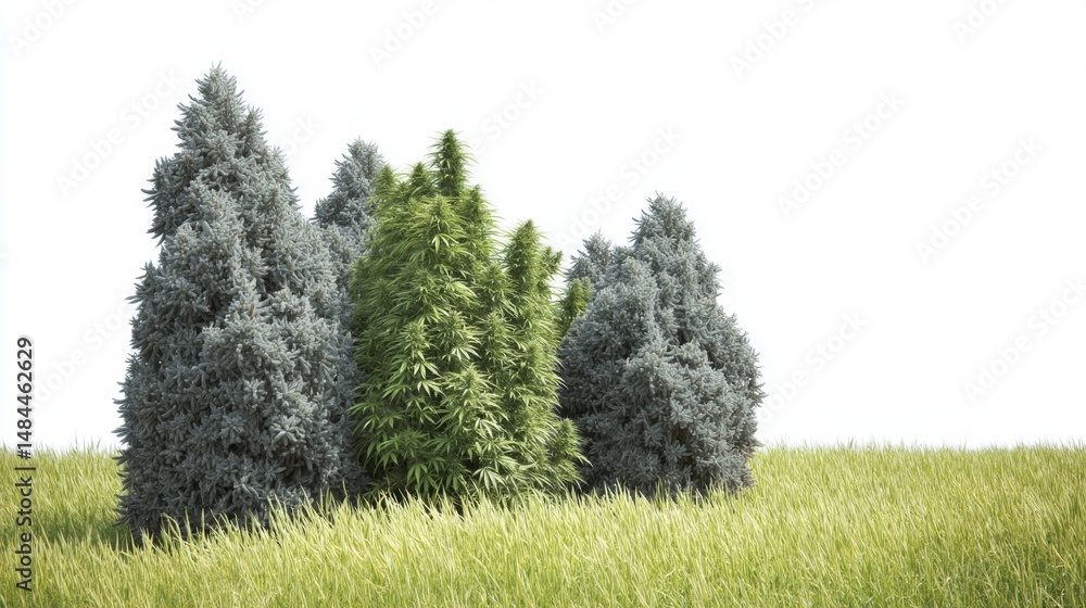 Fototapeta premium Green trees in the field isolated on white background. Generative AI