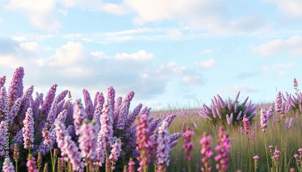Obraz premium Pastel spring meadow, lilac bushes, pink wildflowers, blue sky, soft clouds, serenity, romantic
